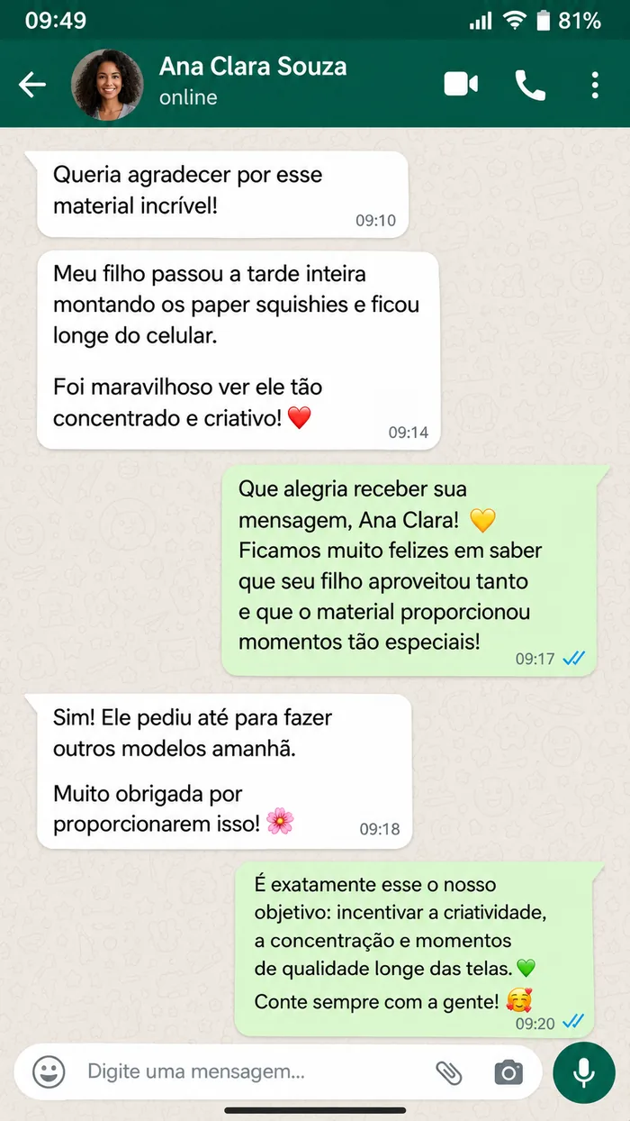 Print de WhatsApp — Ana Clara Souza elogiando os moldes de paper squishy