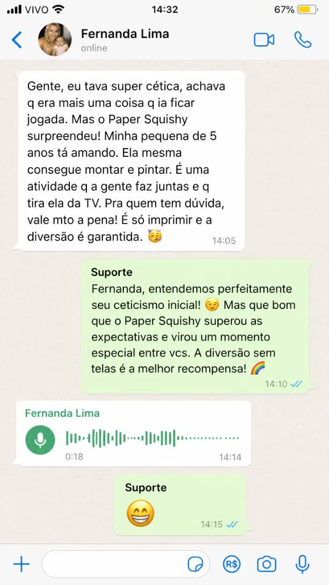 Print de WhatsApp — Fernanda Lima contando a experiência com a filha