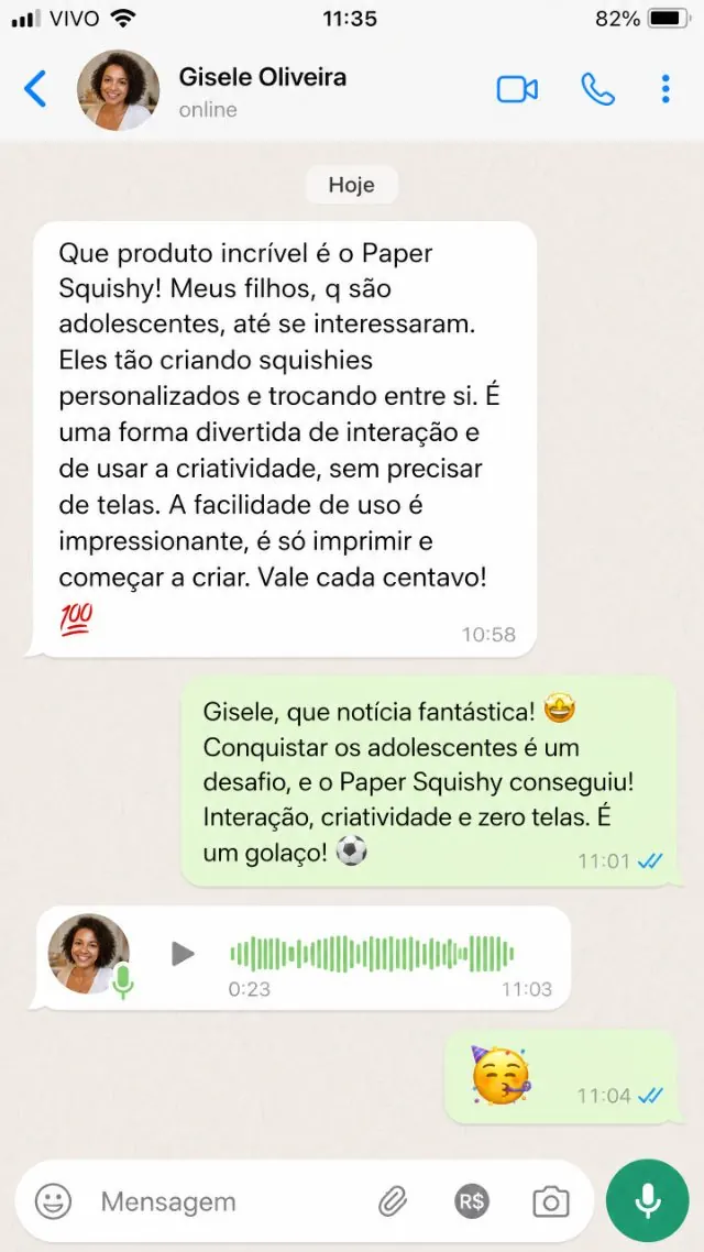 Print de WhatsApp — Gisele Oliveira elogiando a atividade sem telas