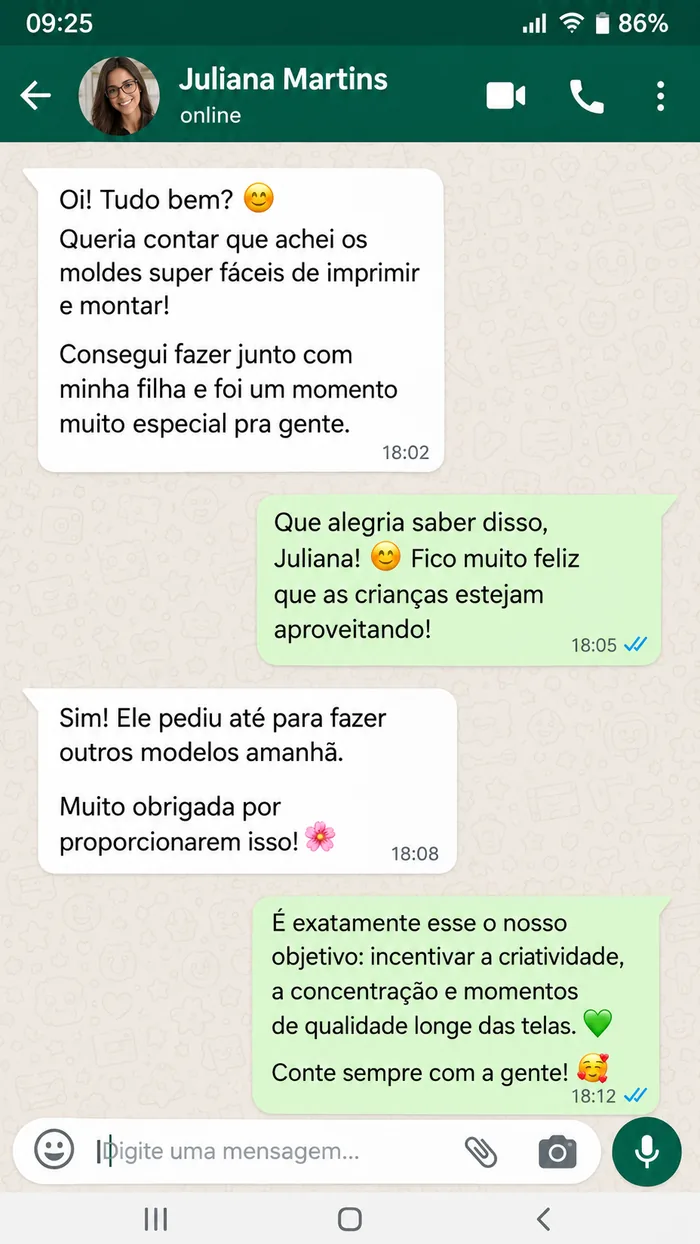 Print de WhatsApp — Juliana Martins montando os moldes com a filha