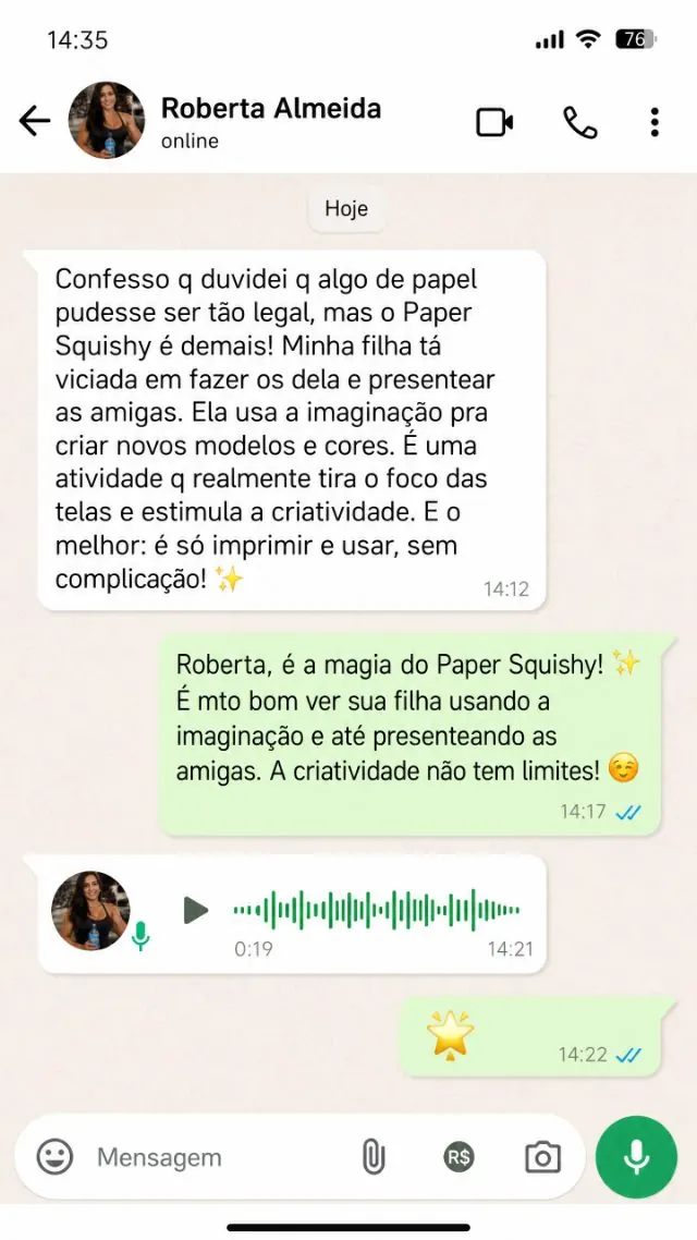 Print de WhatsApp — Roberta Almeida elogiando o Paper Squishy